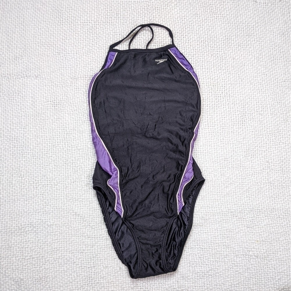 Speedo Rapid‎ Splice Black and Purple Athletic Open Back One Piece *See Measure
